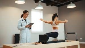 A well-lit clinical assessment room, with a Pilates reformer prominently displayed in the foreground. A physiotherapist, in a clean white coat, is carefully observing a patient's movements, making notes on a clipboard. The patient, dressed in athletic wear, is performing a series of Pilates exercises on the reformer, their body in perfect alignment. The room has a calming, professional atmosphere, with subtle colors and minimalist decor that create a sense of order and focus. Soft, diffused lighting from overhead fixtures casts a warm glow, highlighting the patient's form and the physiotherapist's attentive expression. The scene conveys the integration of Pilates and physiotherapy, where the expertise of both disciplines is seamlessly combined to provide comprehensive patient care.