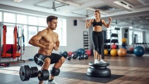 A well-lit fitness studio with a bright, airy atmosphere. In the foreground, a person performs a weighted squat, showcasing muscular strength and stability. In the middle ground, another individual balances on a BOSU ball, working on core engagement and balance. The background features exercise equipment like resistance bands, kettlebells, and stability balls, creating a comprehensive scene of diverse strength and stability exercises. Soft, directional lighting accentuates the toned physiques and engaged expressions of the subjects, conveying a sense of determination and discipline.