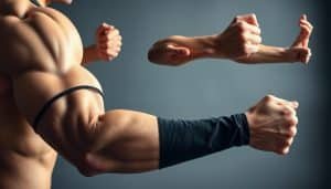 A well-lit, high-resolution close-up photograph of a muscular human arm demonstrating various weight training exercises targeting the biceps, triceps, and forearm. The subject is wearing a black compression sleeve and performing movements like bicep curls, tricep extensions, and wrist flexions. The lighting is soft and diffused, accentuating the definition of the muscles. The background is blurred to focus attention on the detailed, dynamic movement of the arm. The overall tone is educational, informative, and visually compelling, suitable for a physical therapy article.