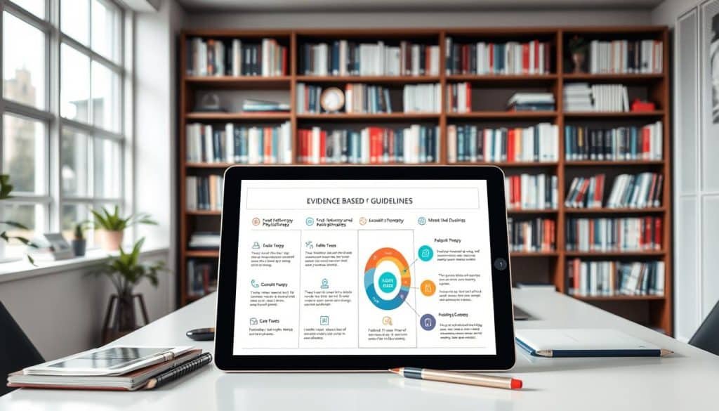 A well-lit, high-resolution image of a physiotherapy clinic, showcasing a neatly organized bookshelf filled with medical journals and reference materials. In the foreground, a tablet device displays an infographic outlining evidence-based physiotherapy guidelines, with clear, legible text and intuitive icons. The middle ground features a desk with a laptop, pens, and other professional tools, creating a sense of a dedicated workspace for research and patient care. The background depicts a serene, calming environment with natural light filtering through large windows, conveying a sense of professionalism and attention to detail in the clinic's approach to evidence-based practice.