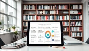 A well-lit, high-resolution image of a physiotherapy clinic, showcasing a neatly organized bookshelf filled with medical journals and reference materials. In the foreground, a tablet device displays an infographic outlining evidence-based physiotherapy guidelines, with clear, legible text and intuitive icons. The middle ground features a desk with a laptop, pens, and other professional tools, creating a sense of a dedicated workspace for research and patient care. The background depicts a serene, calming environment with natural light filtering through large windows, conveying a sense of professionalism and attention to detail in the clinic's approach to evidence-based practice.