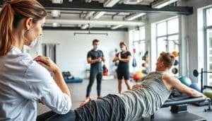 A well-lit, high-resolution image of a sports therapy session in a modern, airy clinic. In the foreground, a physiotherapist demonstrating a deep tissue massage technique on the shoulder of an athlete. In the middle ground, another physiotherapist guiding a patient through a series of targeted stretches and exercises. In the background, a selection of sports rehabilitation equipment like resistance bands, foam rollers, and exercise balls. The overall atmosphere is calm, focused, and conveys a sense of care and expertise.