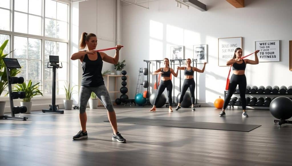 A well-lit, modern fitness studio with natural light streaming through large windows. In the foreground, a person performs a series of moderate strengthening exercises, such as squats, lunges, and resistance band rows, with proper form and control. The middle ground showcases various exercise equipment, including free weights, exercise balls, and resistance bands, arranged in an organized and inviting manner. The background features minimalist decor, including potted plants and motivational wall art, creating a serene and focused atmosphere for the workout session.
