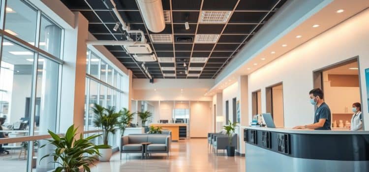 A well-lit, modern healthcare clinic with a clean, professional atmosphere. In the foreground, a reception desk with a friendly receptionist assisting patients. The middle ground features a waiting area with comfortable seating and plants, conveying a calming environment. The background showcases exam rooms and administrative offices, all adhering to strict health and safety protocols. The lighting is warm and evenly distributed, creating a welcoming ambiance. The overall composition emphasizes the clinic's commitment to providing a safe, compliant, and accessible healthcare experience.