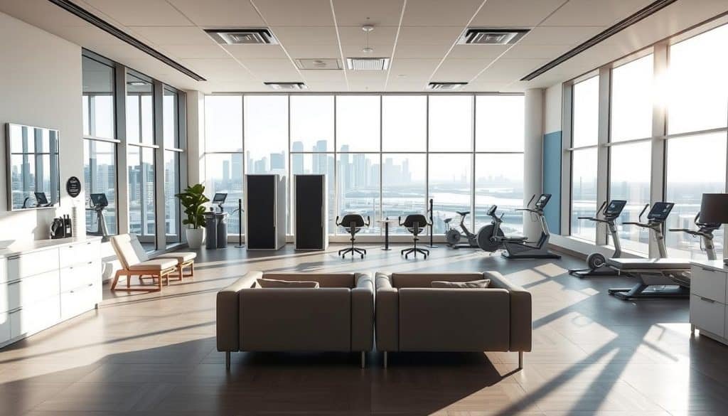 A well-lit, modern sports therapy clinic with sleek, minimalist interior design. Sunlight streams through large windows, illuminating a spacious reception area with plush seating. In the middle ground, several private treatment rooms equipped with state-of-the-art physiotherapy equipment. The background showcases a panoramic view of the Calgary skyline, hinting at the clinic's urban, riverside location. The overall atmosphere conveys a sense of professionalism, comfort, and attention to detail, reflecting the high-quality care offered by Riverside Sports Therapy.