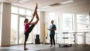 A well-lit physical therapy clinic, with floor-to-ceiling windows allowing natural light to pour in. In the foreground, a patient performs a standing leg raise exercise, their form meticulously correct - back straight, core engaged, and leg lifted with control. A physiotherapist stands nearby, closely observing and providing gentle guidance. In the middle ground, exercise equipment such as resistance bands and balance boards are neatly arranged, conveying a sense of professionalism and safety. The background features motivational posters highlighting the importance of proper technique and injury prevention, setting the tone for a dedicated, healthcare-focused environment.