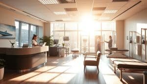 A well-lit physiotherapy clinic, bathed in warm natural light streaming through large windows. In the foreground, a modern, ergonomic reception desk with a friendly receptionist assisting a patient. The middle ground features a spacious, inviting waiting area with comfortable chairs and soothing artwork on the walls. In the background, a series of private treatment rooms, each equipped with state-of-the-art rehabilitation equipment and an attentive physiotherapist working one-on-one with a client. The overall atmosphere conveys a sense of professionalism, flexibility, and a patient-centric approach to healthcare.