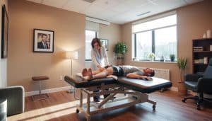 A well-lit physiotherapy consultation room, with a physiotherapist attentively assisting a patient on a treatment table. The patient is lying comfortably, while the physiotherapist performs a careful examination, using specialized equipment like ultrasound or electrotherapy devices. The room has a calming, professional atmosphere, with soothing earth-toned decor and modern, ergonomic furniture. Soft, natural lighting filters in through large windows, creating a warm, inviting ambiance. The scene conveys a sense of trust, expertise, and personalized care, reflecting the high-quality services offered at Riverside Sports Therapy.