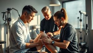 A well-lit sports medicine clinic, with a physiotherapist closely examining an athlete's knee, using advanced assessment techniques. Diagnostic tools and rehabilitation equipment in the background, creating a professional, clinical atmosphere. The athlete appears focused and engaged, as the physiotherapist's attentive gaze and careful movements convey expertise and empathy. Warm, natural lighting casts subtle shadows, highlighting the intricate details of the assessment process. A serene, calming environment that instills confidence in the specialized physiotherapy services offered.
