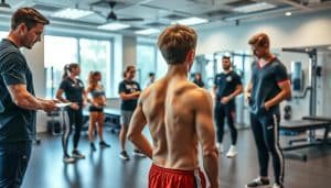 A well-lit sports medicine clinic with a team of physiotherapists and trainers demonstrating various sports injury prevention techniques. In the foreground, a young athlete undergoes a comprehensive assessment, their muscles and joints examined by a physiotherapist. In the middle ground, other athletes perform targeted exercises and stretches under the guidance of the clinic staff. The background features state-of-the-art rehabilitation equipment and a serene, modern interior design that promotes a sense of calm and wellness. The overall atmosphere conveys a focus on proactive healthcare, emphasizing the importance of preventative measures for long-term sports performance and well-being.