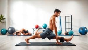 A well-lit studio setting showcasing a series of core strengthening exercises. In the foreground, a fit individual demonstrating various poses such as planks, crunches, and leg raises on a yoga mat. The middle ground features exercise equipment like stability balls, resistance bands, and medicine balls, arranged in an organized fashion. The background has a clean, minimalistic backdrop with subtle textures, allowing the exercises to be the focal point. The lighting is soft and even, creating a serene, professional atmosphere suitable for a physical therapy setting. The overall composition emphasizes the importance of core strength and stability, essential for effective physical therapy.