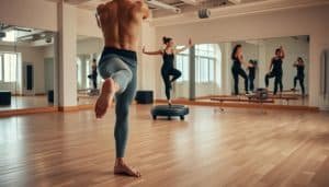 A well-lit studio setting with a hardwood floor and mirrored walls. In the foreground, a person is performing a single-leg balance exercise, their torso perfectly upright and core engaged. The middle ground features a person doing a Bosu ball challenge, their body poised with graceful control. In the background, individuals are navigating a balance beam, their movements fluid and precise. Warm, natural lighting casts a soft glow, accentuating the focus and discipline of the advanced stability exercises. The overall atmosphere exudes a sense of calm, concentration, and the pursuit of physical excellence.