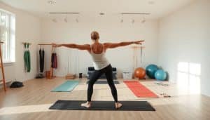 A well-lit studio with a soft, diffused natural lighting setup. In the foreground, a person performing a range of motion exercise, their limbs gracefully extended and muscles engaged. The middle ground features various exercise equipment like resistance bands, yoga mats, and stability balls, suggesting a physical therapy environment. The background showcases a serene, minimalist setting with white walls and natural wood accents, creating a calming atmosphere conducive to rehabilitation and recovery. The overall composition captures the essence of enhancing range of motion and flexibility through carefully curated movements and supportive equipment.