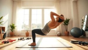 An airy, sun-drenched home gym setting. In the foreground, a person performs a back extension exercise on a yoga mat, their torso lifted with a determined expression. Surrounding them, an assortment of resistance bands, dumbbells, and a stability ball, all neatly arranged. In the middle ground, large windows let in warm natural light, casting a soft glow on the scene. The background features neutral-toned walls and minimalist decor, creating a calming, uncluttered atmosphere conducive to focused exercise. The overall mood is one of simplicity, comfort, and a commitment to improving back strength through targeted, at-home workouts.