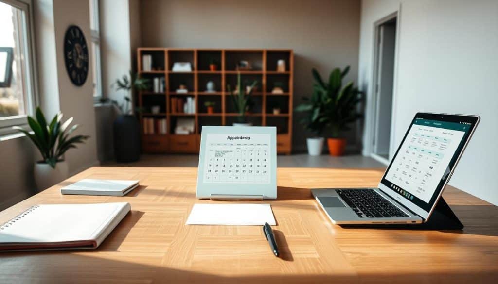 Appointment scheduling options: a serene, minimalist office scene. In the foreground, a wooden desk with a laptop, calendar, and stylish stationery. Soft, natural lighting from a large window illuminates the space, creating a warm, inviting atmosphere. In the middle ground, bookshelves and potted plants add a touch of greenery, while the background features muted, soothing wall tones. The overall impression is one of efficiency, professionalism, and a tranquil environment conducive to productive consultations. Captured with a wide-angle lens to emphasize the clean, uncluttered design.