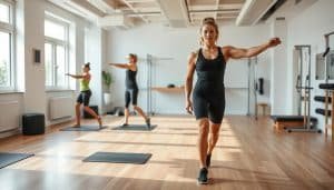 Personalized rehabilitation exercise plan with a fitness model performing dynamic stretches and strength training exercises in a modern physiotherapy clinic. Bright, airy space with natural lighting, wood floors, and minimalist decor. The plan features a variety of exercises tailored to the patient's specific needs and injury, including core stabilization, joint mobility, and muscle activation. The model is dressed in activewear and has a focused, determined expression, conveying the dedication required for a successful recovery.