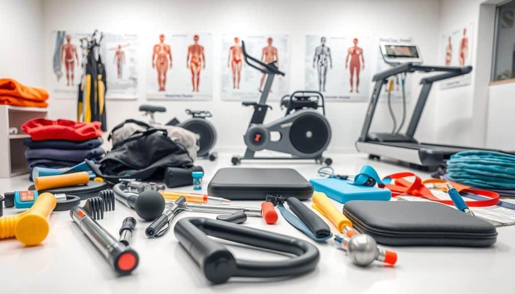 Physiotherapy treatment options: A detailed closeup of various physiotherapy tools and equipment arranged on a clean, white surface. The foreground features an array of massage tools, resistance bands, balance boards, and heat/cold therapy pads. The middle ground showcases a stationary exercise bike and a treadmill, with a background of medical posters and anatomical diagrams illustrating different treatment modalities. The lighting is bright and evenly distributed, creating a professional, clinical atmosphere. The overall composition conveys a sense of comprehensive, innovative rehabilitation options available to patients.