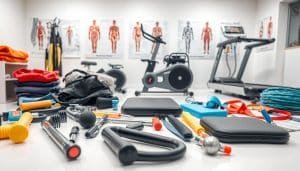 Physiotherapy treatment options: A detailed closeup of various physiotherapy tools and equipment arranged on a clean, white surface. The foreground features an array of massage tools, resistance bands, balance boards, and heat/cold therapy pads. The middle ground showcases a stationary exercise bike and a treadmill, with a background of medical posters and anatomical diagrams illustrating different treatment modalities. The lighting is bright and evenly distributed, creating a professional, clinical atmosphere. The overall composition conveys a sense of comprehensive, innovative rehabilitation options available to patients.