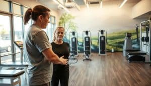Riverside Sports Therapy Clinic, Calgary. A welcoming, modern facility with natural light streaming through large windows. In the foreground, a physical therapist guides a patient through a rehabilitation exercise, their expressions focused and engaged. In the middle ground, various therapeutic equipment and machines stand ready for use. The background depicts a serene, nature-inspired mural, conveying a sense of tranquility and healing. Soft, warm lighting illuminates the space, creating a calming, professional atmosphere. The entire scene exudes a sense of expertise, care, and a commitment to helping patients achieve their physical therapy goals.