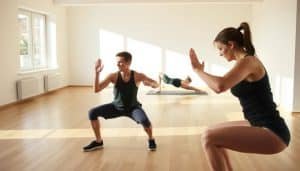 Strengthening exercises in a well-lit studio, with a hardwood floor and natural light filtering through large windows. In the foreground, a person performing a series of squats, their muscles engaged as they move with control and precision. In the middle ground, a person doing push-ups, their body forming a straight line from head to heels. In the background, a person stretching on a yoga mat, their limbs extended in a gentle pose. The overall atmosphere is one of focus, discipline, and a sense of personal empowerment.