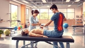 a detailed and realistic digital illustration of a sports physiotherapy clinic, showing a physical therapist assisting a patient with a lower back injury. The scene is well-lit with a warm, inviting atmosphere. In the foreground, the physiotherapist is demonstrating a series of stretches and exercises to the patient, who is lying on a treatment table. The middle ground features various rehabilitation equipment and tools, such as exercise balls, resistance bands, and massage tables. The background showcases the clinic's modern and spacious interior design, with large windows allowing natural light to fill the space. The overall tone conveys the benefits of sports recovery physiotherapy, emphasizing the collaborative and caring nature of the treatment process.