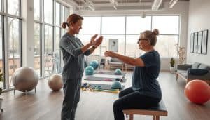 a serene and modern physiotherapy clinic, with large windows flooding the space with natural light. The foreground features a physiotherapist assessing a patient's movement and range of motion, their expressions focused and attentive. The middle ground showcases various rehabilitation equipment, from exercise balls to resistance bands, arranged in a clean and organized manner. The background depicts an open, airy waiting area with minimalist decor, calming tones, and subtle healthcare-themed artwork on the walls. The overall scene conveys a sense of evidence-based, professional care within a calming, therapeutic environment.