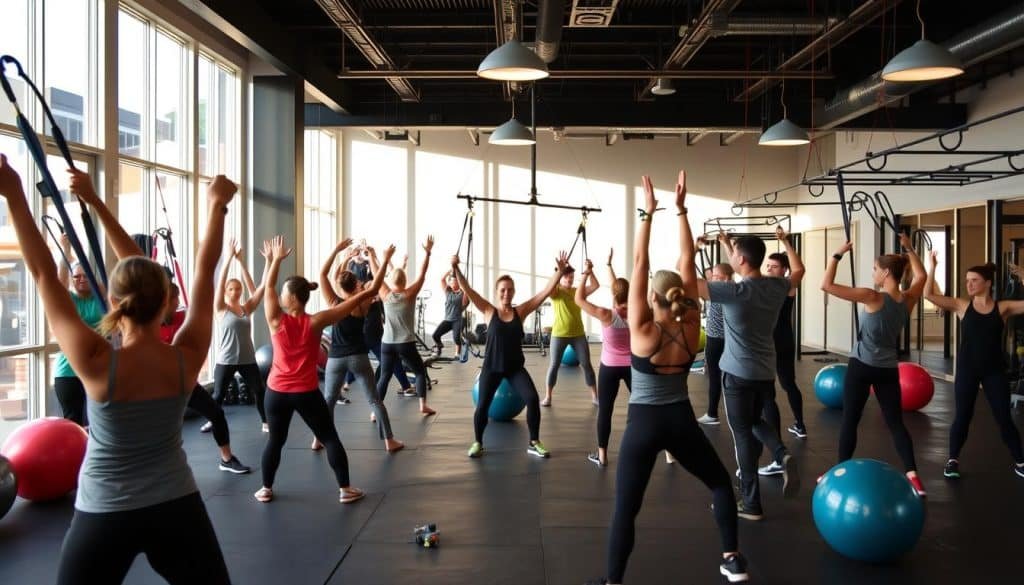 A bustling fitness studio in Calgary, with a team of experienced trainers guiding clients through a variety of innovative exercise techniques. The foreground features a group of people performing dynamic stretches, using resistance bands and stability balls to target specific muscle groups. The middle ground showcases individuals engaged in functional training exercises, such as TRX suspension training and agility drills. The background reveals a well-equipped gym space, with natural lighting filtering in through large windows, creating a warm and motivating atmosphere. The overall scene conveys a sense of energy, collaboration, and a commitment to holistic wellness and pain management.