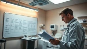 A clinical examination room illuminated by soft, directional lighting. In the foreground, a doctor reviews a patient's medical chart, deep in thought. In the middle ground, a large whiteboard displays a series of symptoms and potential diagnoses, guiding the differential diagnosis process. The background showcases an array of medical instruments and equipment, suggesting a meticulously organized and professional environment. The overall atmosphere evokes a sense of focused, analytical problem-solving, reflecting the nuanced nature of differential diagnosis in pain management.
