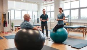 A clinical setting with a physiotherapist demonstrating evidence-based rehabilitation techniques. Prominent in the foreground, a patient performing exercises on a therapy ball, with the physiotherapist observing and providing guidance. In the middle ground, various therapy equipment such as resistance bands, exercise mats, and a massage table. The background features a clean, well-lit room with large windows, allowing natural light to flood the space. The overall atmosphere conveys a sense of professionalism, expertise, and a focus on patient-centered care.