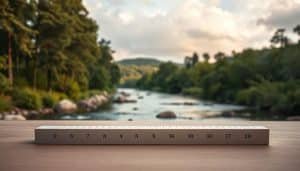 A detailed, scientifically accurate visual analogue scale against a serene, natural backdrop. In the foreground, a clean, minimalist scale with precisely demarcated graduations from 0 to 10, rendered in a neutral, clinical color palette. The scale is placed on a smooth, muted surface, perhaps wood or stone, exuding a sense of tranquility. In the middle ground, a gently flowing river or stream, its calming waters reflecting the surrounding environment. The background features a lush, verdant landscape, with towering trees and a softly clouded sky, creating an atmosphere of relaxation and contemplation. Warm, diffused lighting illuminates the scene, highlighting the simplicity and clarity of the visual analogue scale as the central focus.