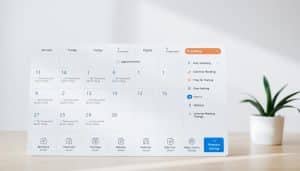 A neatly arranged calendar grid, with various appointment slots and icons representing different scheduling options. The foreground features a clean, minimalist interface with a crisp, modern aesthetic. The middle ground showcases an inviting, user-friendly booking system, complete with intuitive navigation and customizable settings. The background subtly blends in soothing, natural tones, creating a calming and professional atmosphere. Soft, natural lighting illuminates the scene, enhancing the sense of approachability and organization. The overall composition conveys a seamless and efficient appointment scheduling experience for Riverside Sports Therapy's clients.