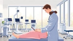 A professional, high-quality illustration of a "Comprehensive Pain Assessment Calgary" in an elegant, clinical setting. The foreground features a healthcare professional carefully examining a patient, using specialized tools and techniques to assess their pain levels. The middle ground showcases various state-of-the-art medical equipment and diagnostic tools arrayed neatly. The background depicts a serene, modern healthcare facility with large windows, allowing natural light to fill the space. The overall atmosphere conveys a sense of expertise, care, and comfort, reflecting the subject's focus on pain management and rehabilitation.