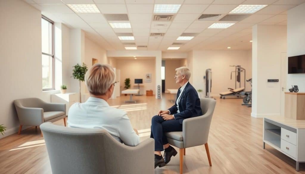 A professional, modern physiotherapy clinic interior with a welcoming reception area. The foreground features a person sitting in a comfortable chair, consulting with a physiotherapist. The middle ground showcases a clean, minimalist design with light-colored furniture and natural light filtering through large windows. In the background, additional treatment rooms and exercise equipment can be seen, creating a sense of a comprehensive healthcare facility. The lighting is soft and diffused, creating a calming atmosphere. The camera angle is slightly elevated, capturing the entire scene in a harmonious, visually appealing composition.