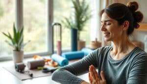 A serene and calming scene depicting chronic pain management. In the foreground, a person engages in gentle stretching or yoga, their face expressing a sense of relief and focus. The middle ground features a variety of therapeutic equipment, such as resistance bands, foam rollers, and heat pads, suggesting a comprehensive approach to pain relief. The background is a soothing, natural setting, perhaps a tranquil garden or a sunlit room, creating a peaceful, healing atmosphere. The lighting is soft and diffused, highlighting the person's movements and the various pain management tools. The overall composition conveys a sense of balance, resilience, and the empowering journey of managing chronic pain.