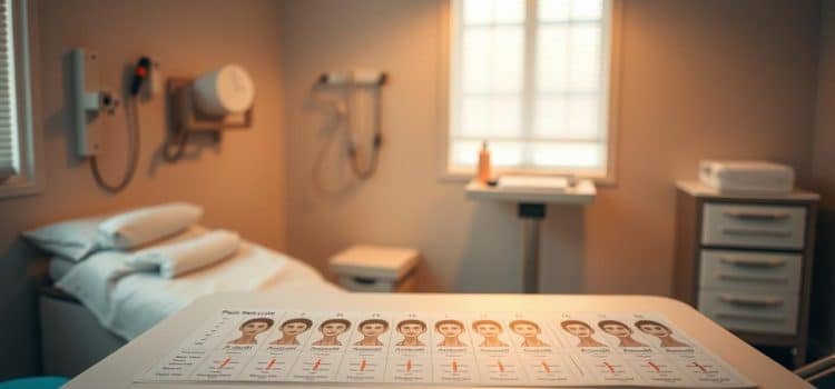 A serene clinical setting, with a prominent table displaying an array of self-reported pain scales. The scales feature a spectrum of expressions, from mild discomfort to excruciating agony, illustrated through detailed facial features and body language. Soft, diffused lighting casts a warm glow, creating a calming atmosphere. The table is positioned in the foreground, with medical equipment and supplies subtly visible in the background, suggesting a professional healthcare environment. The overall composition emphasizes the importance and utility of these pain assessment tools in the context of physiotherapy services.