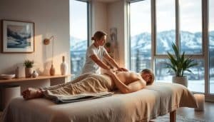 A serene massage therapy studio in Calgary, Alberta. In the foreground, a massage therapist's hands skillfully knead and manipulate the muscles of a client reclining on a padded massage table. Soft, warm lighting creates a relaxing ambiance, while natural elements like potted plants and soothing artwork adorn the minimalist, yet elegant space. In the background, the snow-capped Rocky Mountains can be seen through large windows, adding to the calming, nature-inspired atmosphere. The scene conveys a sense of holistic well-being and restorative healing, embodying the principles of integrative therapeutic techniques.