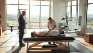 A serene physiotherapy clinic, bathed in warm, natural light filtering through large windows. In the foreground, a patient lies on a padded treatment table, receiving personalized attention from a skilled physiotherapist. Surrounding them, state-of-the-art exercise equipment and soothing decor create an atmosphere of comfort and healing. In the background, a tranquil landscape vista offers a calming backdrop, hinting at the clinic's holistic approach to wellness. The scene conveys a sense of professionalism, empathy, and a commitment to tailored, evidence-based therapies that address the unique needs of each individual.