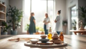 A serene, sun-drenched clinic filled with soothing natural elements. In the foreground, various holistic wellness tools like acupuncture needles, massage stones, and essential oils are neatly arranged, conveying an integrative approach to pain management. The middle ground features a team of healthcare professionals, including a physiotherapist, a chiropractor, and a naturopathic doctor, engaged in collaborative discussion. The background showcases a calming, plant-filled waiting area, where patients can find respite and a sense of tranquility. Soft, diffused lighting casts a warm, inviting glow throughout the space, creating an atmosphere of healing and well-being.