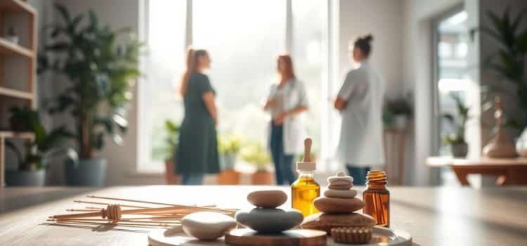 A serene, sun-drenched clinic filled with soothing natural elements. In the foreground, various holistic wellness tools like acupuncture needles, massage stones, and essential oils are neatly arranged, conveying an integrative approach to pain management. The middle ground features a team of healthcare professionals, including a physiotherapist, a chiropractor, and a naturopathic doctor, engaged in collaborative discussion. The background showcases a calming, plant-filled waiting area, where patients can find respite and a sense of tranquility. Soft, diffused lighting casts a warm, inviting glow throughout the space, creating an atmosphere of healing and well-being.