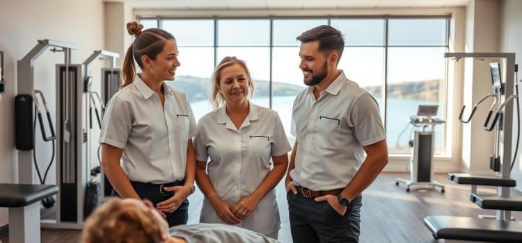 A skilled physiotherapy team stands united in a modern, airy clinic in Calgary. In the foreground, three professionals in crisp white uniforms assess a patient, their expressions focused and empathetic. In the middle ground, state-of-the-art equipment and machines line the walls, conveying the clinic's advanced capabilities. The background features large windows overlooking the Bow River, bathing the scene in warm, natural light. An atmosphere of professionalism, expertise, and care permeates the space, reflecting the team's dedication to helping patients achieve optimal recovery.