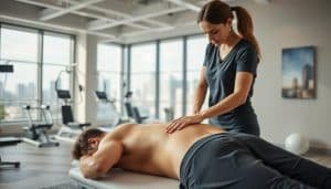 A sports injury rehabilitation clinic in Calgary, Canada. In the foreground, a patient receives a therapeutic massage from a physiotherapist, their muscles and joints showing signs of recovery. The middle ground depicts state-of-the-art exercise equipment and rehabilitation tools, while the background showcases the clinic's modern, airy interior with large windows overlooking the city skyline. Soft, diffused lighting creates a calming atmosphere, and the overall scene conveys a sense of progress and healing. The image emphasizes the tailored, compassionate approach to sports injury treatment and pain management.