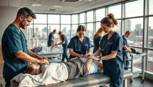 A team of dedicated physiotherapists working together in a modern, well-equipped clinic in Calgary. In the foreground, three physiotherapists in scrubs are assisting a patient on a rehabilitation table, their faces focused and their body language conveying empathy and expertise. In the middle ground, other physiotherapists are providing hands-on treatment to patients, surrounded by state-of-the-art equipment and a calming, professional atmosphere. The background features large windows overlooking the city, bathing the scene in warm, natural light and creating a serene, welcoming environment. The overall impression is one of a highly skilled, collaborative team committed to delivering exceptional physiotherapy services.