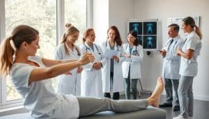 A team of healthcare professionals collaborating in a bright, airy clinic setting. In the foreground, a physiotherapist guiding a patient through stretching exercises, with an occupational therapist and a registered massage therapist observing. In the middle ground, a psychologist and a dietitian engaged in discussion. In the background, a sports medicine physician and a chiropractor reviewing x-rays. Soft, natural lighting filters in through large windows, creating a calming, professional atmosphere. The team members wear crisp, white medical attire, conveying a sense of expertise and care.