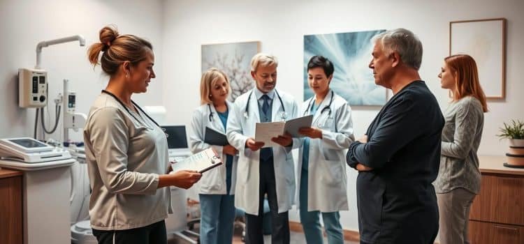 A team of healthcare professionals gathered in a warm, well-lit clinic room, discussing treatment options for a patient experiencing chronic pain. In the foreground, a physiotherapist demonstrates exercises while a nurse takes notes. In the middle ground, a pain management specialist reviews test results with the patient, and a clinical psychologist listens attentively. The background features modern medical equipment and soothing artwork, conveying a sense of holistic, collaborative care. Soft, diffused lighting illuminates the scene, creating an atmosphere of trust, expertise, and patient-centered approach to managing complex pain conditions.