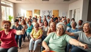A vibrant and heartwarming scene of patient success stories in a modern physiotherapy clinic. In the foreground, a group of patients engaged in various rehabilitation exercises, their faces filled with determination and joy. The middle ground showcases a diverse array of individuals, each with their own unique story of recovery and empowerment. The background depicts a warm, welcoming environment with natural lighting, soothing colors, and inspirational artwork on the walls. The overall atmosphere conveys a sense of community, progress, and the transformative power of physiotherapy.