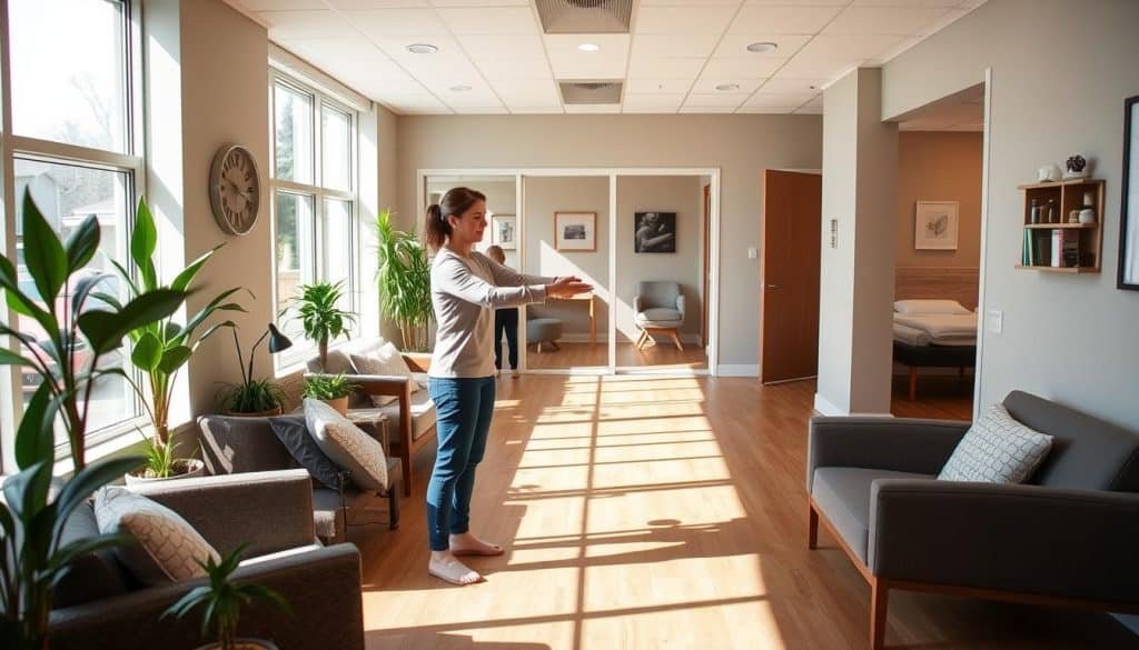 A warm, inviting interior of a modern physiotherapy clinic in Calgary, Alberta. The reception area features comfortable seating, plants, and natural lighting streaming in through large windows. In the middle ground, a physiotherapist guides a patient through gentle stretching exercises, their faces conveying a sense of trust and collaboration. In the background, further treatment rooms are visible, each designed with the patient's well-being in mind. The overall atmosphere exudes a calming, patient-centered experience, reflecting the clinic's dedication to personalized care.