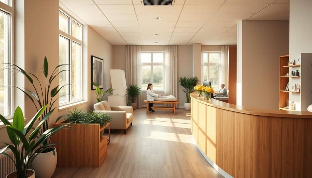 A welcoming and serene physiotherapy clinic, bathed in warm natural light streaming through large windows. The inviting reception area features a smooth wood-paneled desk, complemented by plush seating and potted plants. Farther back, patients can be seen undergoing gentle exercises and treatments in the well-equipped therapy rooms, their faces reflecting a sense of trust and relaxation. The overall atmosphere conveys professionalism, care, and a commitment to holistic healing. A soft, muted color palette, clean lines, and a touch of greenery create a calming, therapeutic ambiance.