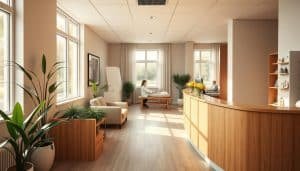 A welcoming and serene physiotherapy clinic, bathed in warm natural light streaming through large windows. The inviting reception area features a smooth wood-paneled desk, complemented by plush seating and potted plants. Farther back, patients can be seen undergoing gentle exercises and treatments in the well-equipped therapy rooms, their faces reflecting a sense of trust and relaxation. The overall atmosphere conveys professionalism, care, and a commitment to holistic healing. A soft, muted color palette, clean lines, and a touch of greenery create a calming, therapeutic ambiance.