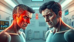 Acute and chronic pain differences: a detailed medical illustration. A foreground of two human figures, one experiencing acute pain with a sharp, intense expression, and the other chronic pain with a weary, dull expression. The middle ground showcases visual representations of pain pathways, neural networks, and physiological markers. The background features a softly lit, clinical environment with medical equipment and diagnostic imagery. Rendered in a realistic, high-detail style with a focus on anatomical accuracy and emotional clarity to convey the distinct nature of acute and chronic pain experiences.