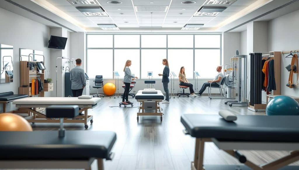 Detailed physiotherapy clinic interior with modern equipment, bright natural lighting, and calm, professional atmosphere. Foreground showcases various therapy tools and devices, including massage tables, exercise balls, and resistance bands. Middle ground depicts patients receiving personalized treatment from attentive physiotherapists. Background features clean, minimalist decor with soothing color palette, promoting a sense of wellness and rehabilitation. High-quality, high-resolution photorealistic rendering with realistic textures and subtle depth of field.